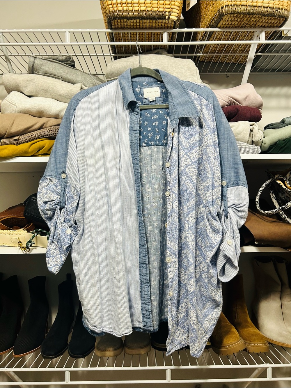 American Eagle Patchwork Button Up Shirt